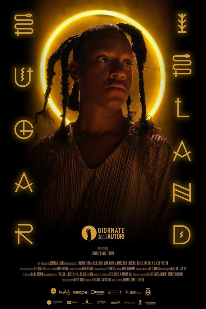 Das Filmplakat für „Giornate degli Autori“ zeigt eine Person mit Zöpfen vor einem gelben Heiligenschein.