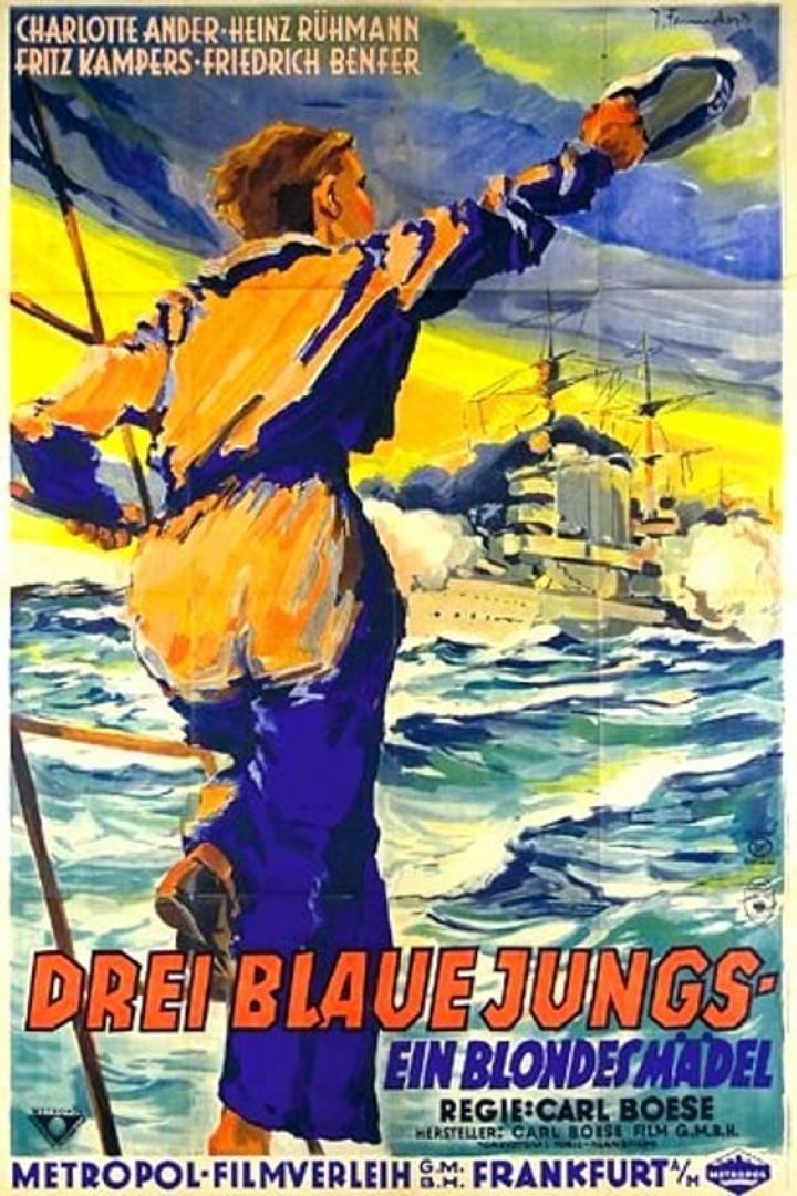 Ein Junge winkt einem Kriegsschiff auf dem Filmposter zu „Drei blaue Jungs – ein blondes Mädel“.