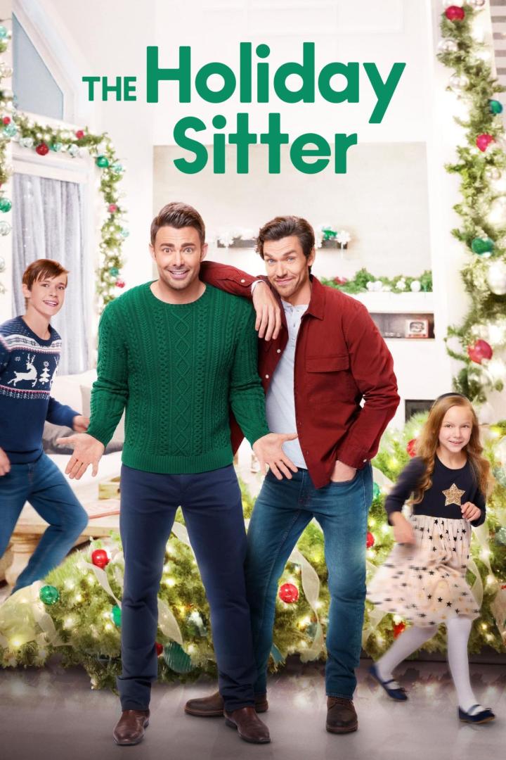 Das Filmplakat für „The Holiday Sitter“ zeigt zwei Männer und zwei Kinder vor einem Weihnachtsbaum.