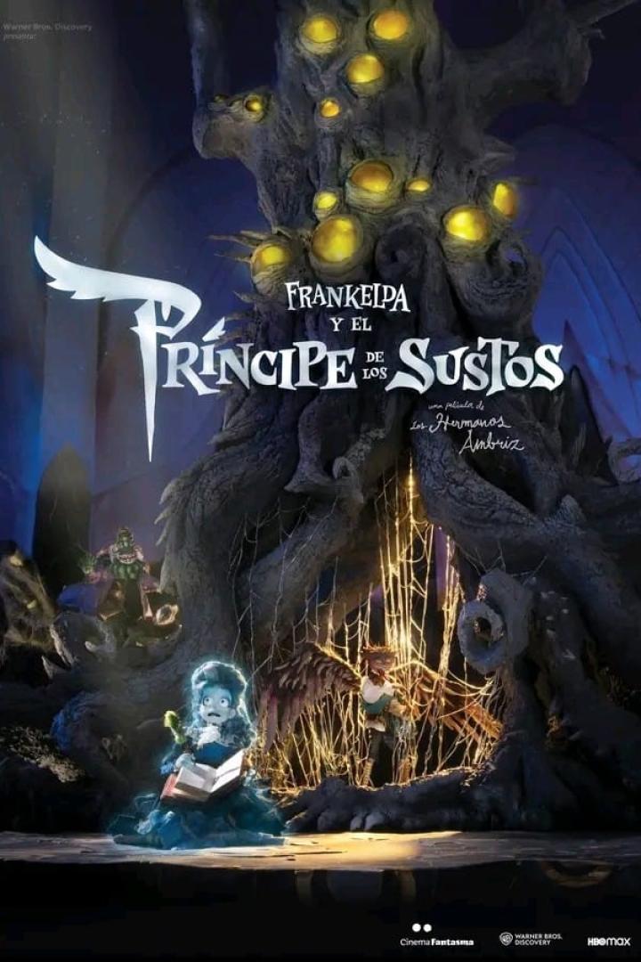 Das Filmplakat für „Frankelda y el Príncipe de los Sustos“ zeigt animierte Figuren vor einem unheimlichen Baum.