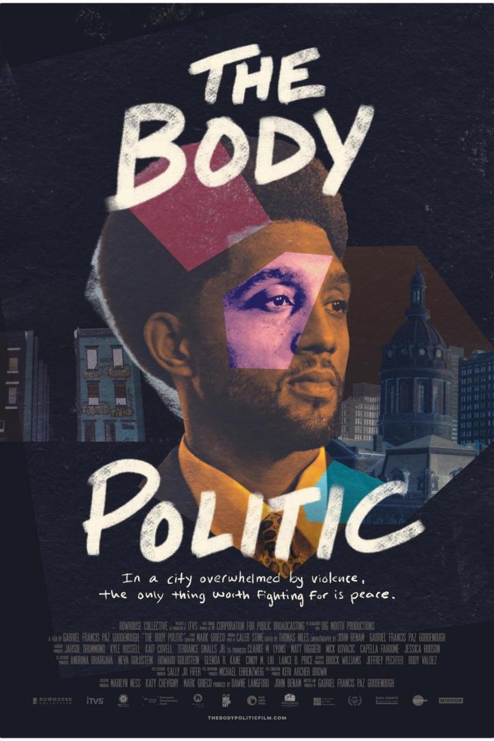 Das Filmplakat für „The Body Politic“ zeigt das Gesicht eines Mannes vor einer Stadtkulisse.