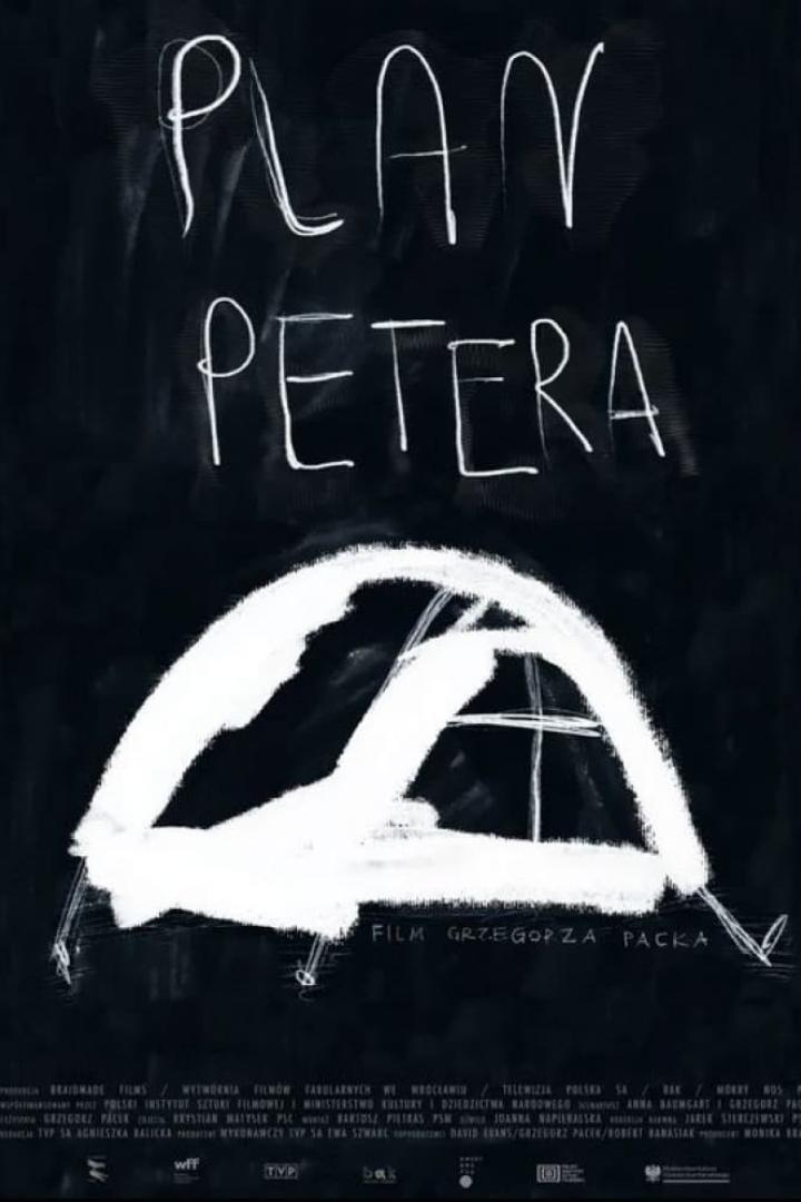 Das Filmplakat für „Plan Petera“ von Grzegorz Packa zeigt eine grobe Zeichnung auf schwarzem Grund.