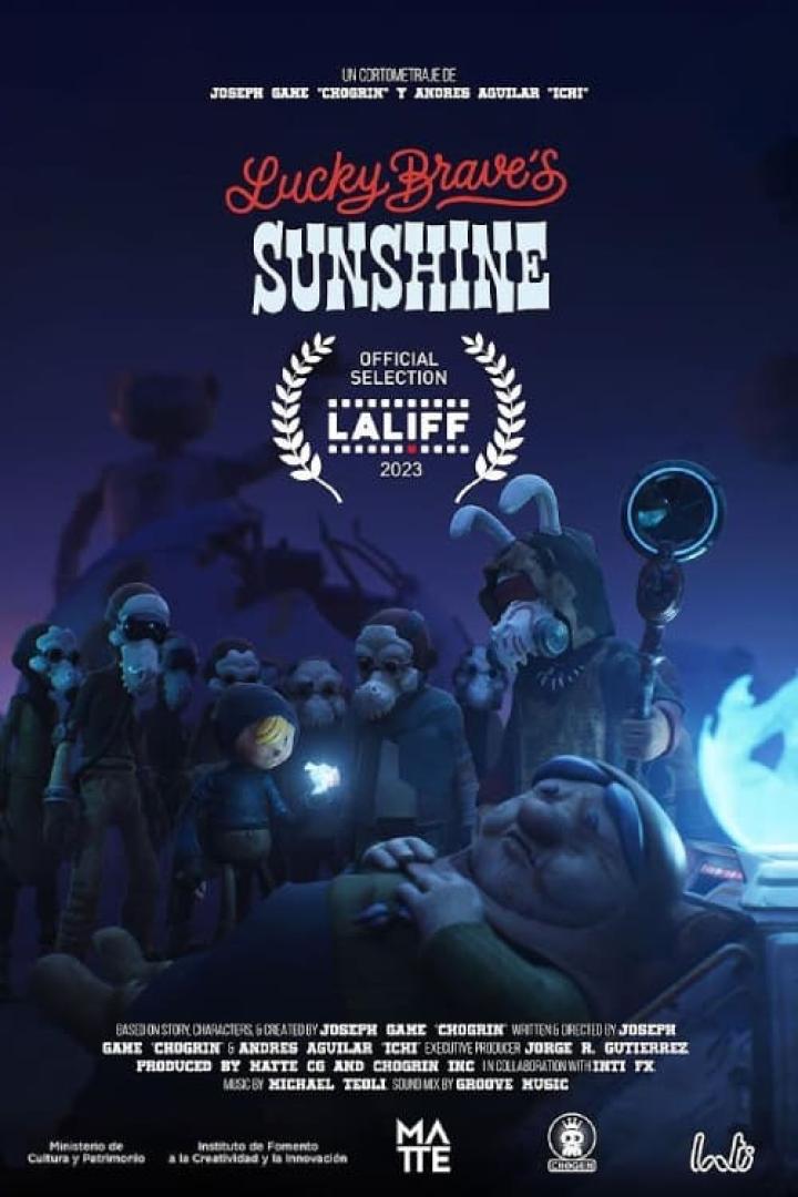 Das Filmplakat für „Lucky Brave's Sunshine“ zeigt eine animierte Szene mit einer Gruppe von Charakteren.