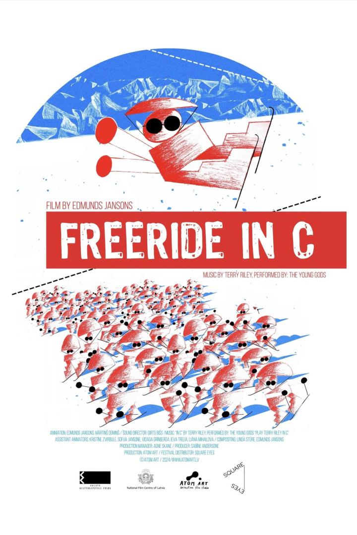 Das animierte Filmposter für „Freeride in C“ von Edmunds Jansons zeigt stilisierte Skifahrer.