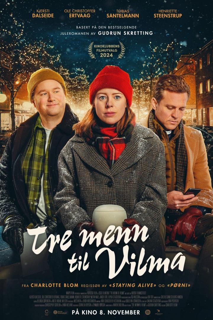 Das Filmplakat für „Tre menn til Vilma“ zeigt drei Schauspieler vor weihnachtlicher Kulisse.