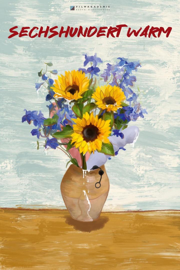 Ein Blumenstrauß mit Sonnenblumen und blauen Blumen in einer Vase.