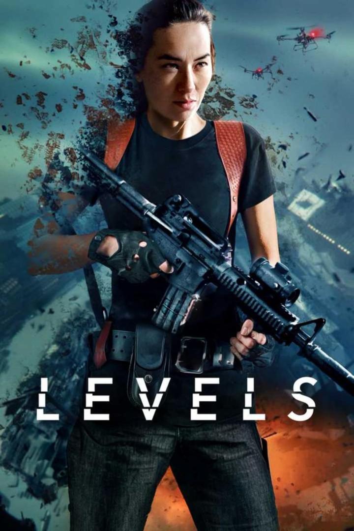 Eine Frau mit Gewehr vor dem Hintergrund von Drohnen und zerstörter Stadt, Filmposter „Levels“.
