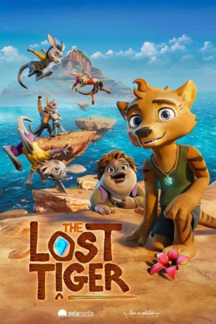 Das Filmplakat für „The Lost Tiger“ zeigt animierte Tiere auf einer tropischen Insel.