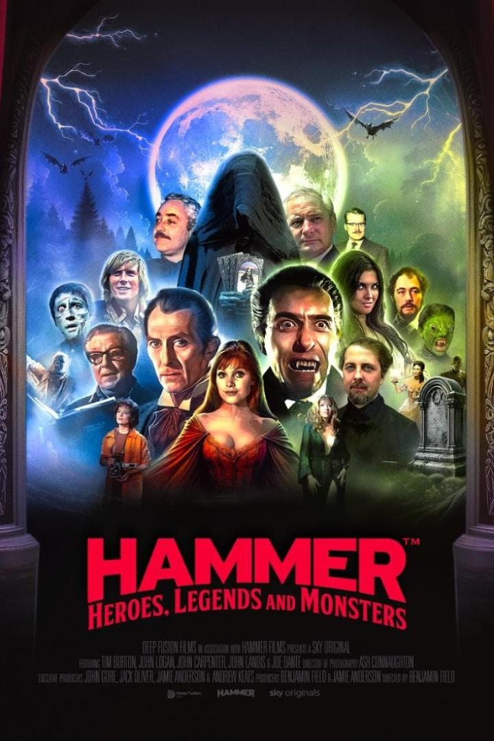 Das Filmplakat für „Hammer: Heroes, Legends and Monsters“ zeigt eine Collage von Horrorfiguren vor einem Vollmond.