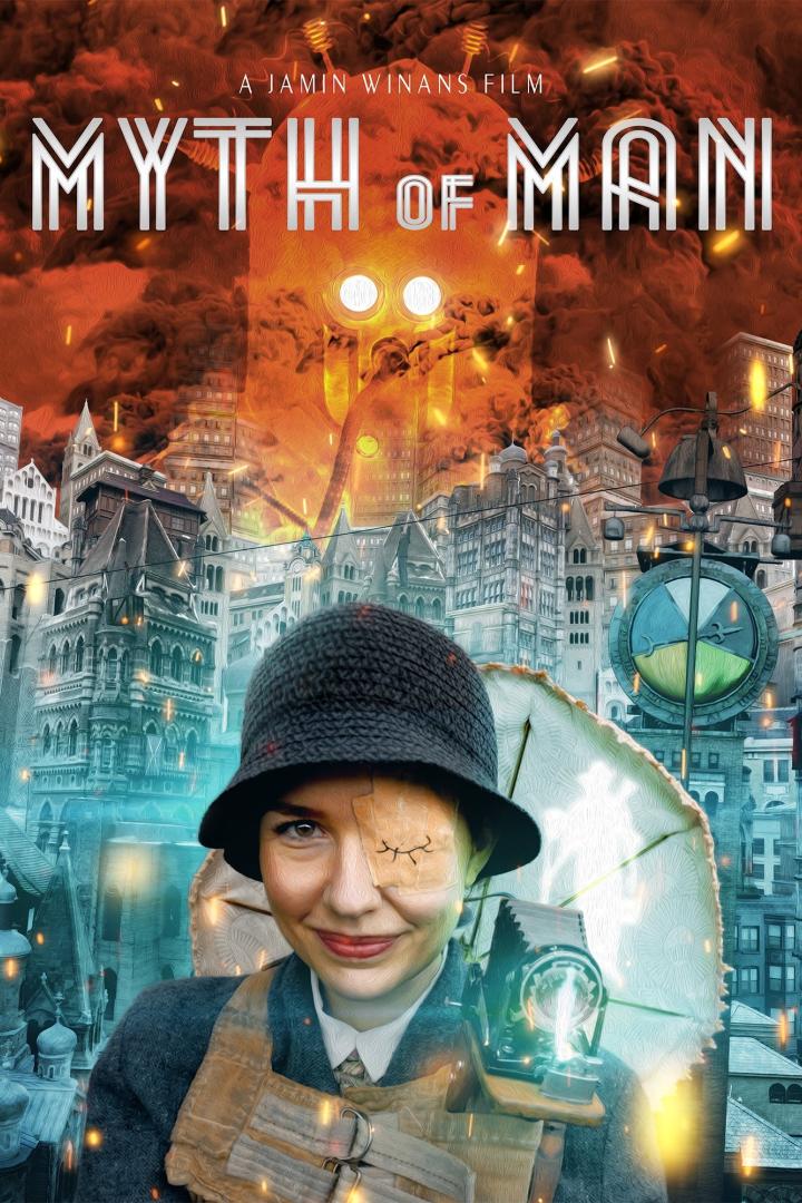 Das Filmplakat für „Myth of Man“ zeigt eine Frau mit Augenklappe vor einer fantastischen Stadtkulisse.