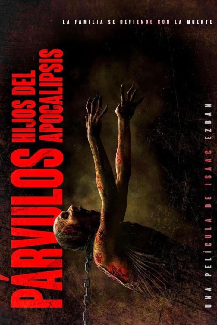 Das Filmplakat für „Párvulos Hijos del Apocalipsis“ zeigt eine gefesselte, verletzte Person mit erhobenen Händen.