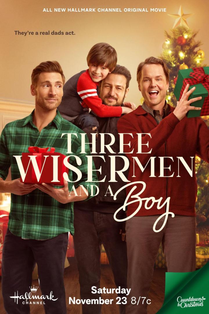 Das Filmplakat zu „Three Wiser Men and a Boy“ mit drei Vätern und einem Kind vor einem Weihnachtsbaum.