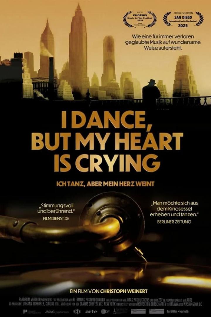 Das Filmplakat für „I Dance, But My Heart Is Crying“ zeigt eine Skyline und eine Grammophon-Nadel.
