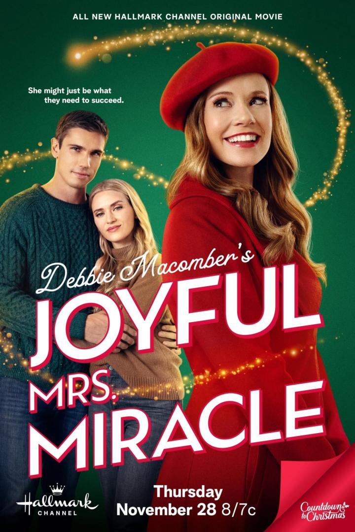 Das Filmplakat für „Joyful Mrs. Miracle“ mit drei Schauspielern vor einem grünen Hintergrund.
