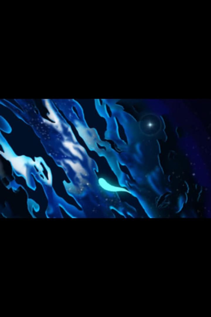 Eine stilisierte Darstellung eines blauen, fließenden Wesens im Weltraum.