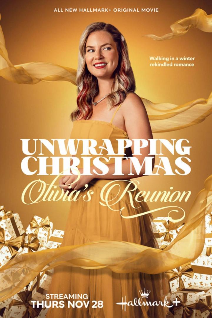 Das Filmplakat für „Unwrapping Christmas: Olivia's Reunion“ mit einer Frau in einem goldenen Kleid vor goldenem Hintergrund und Geschenken.