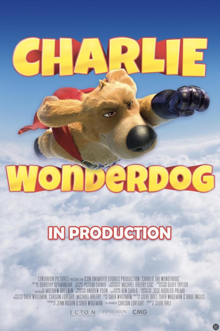 Ein animierter Hund mit Superhelden-Umhang fliegt vor dem Titel „Charlie Wonderdog“.