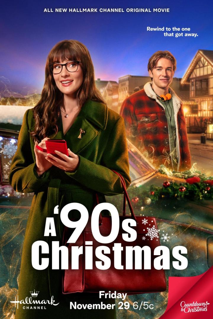 Das Filmplakat für „A ‘90s Christmas“ mit einer Frau mit Handy und einem Mann im Hintergrund.