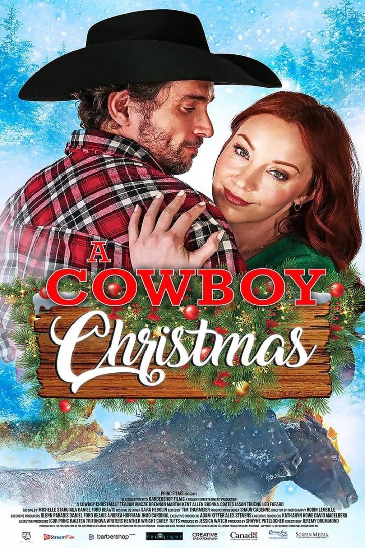 Das Filmplakat für „A Cowboy Christmas“ zeigt einen Mann mit Cowboyhut und eine Frau vor weihnachtlicher Dekoration.