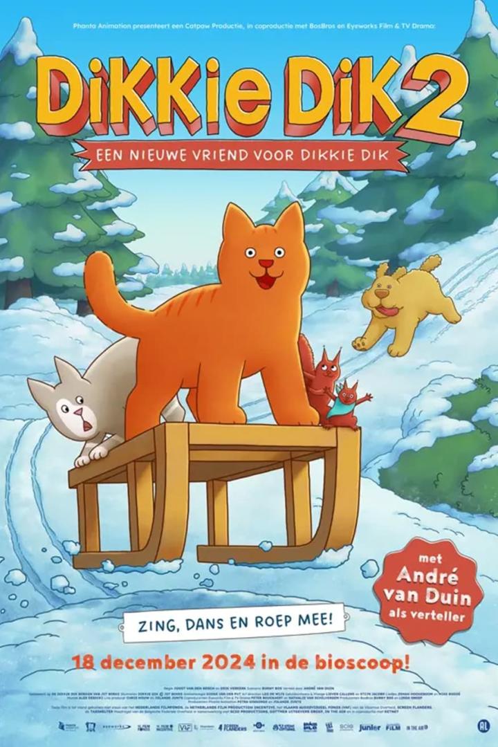 Das Filmplakat für „Dikkie Dik 2“ zeigt eine orangefarbene Katze auf einem Schlitten im Schnee.