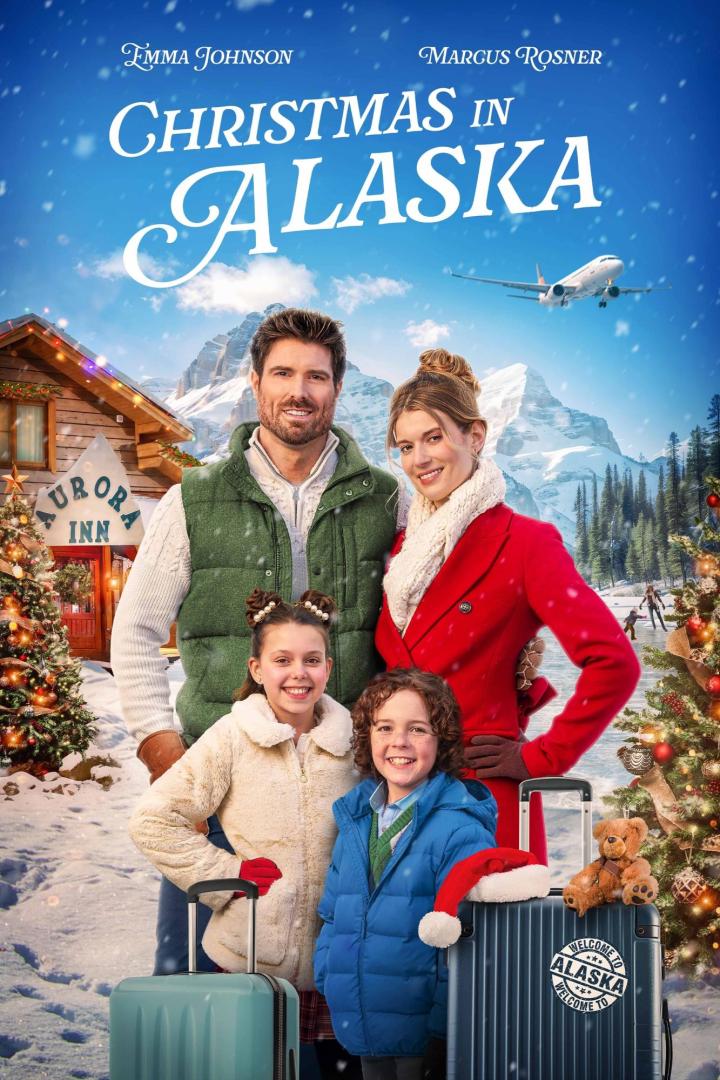 Das Filmplakat für „Christmas in Alaska“ zeigt eine Familie vor einer verschneiten Winterlandschaft.