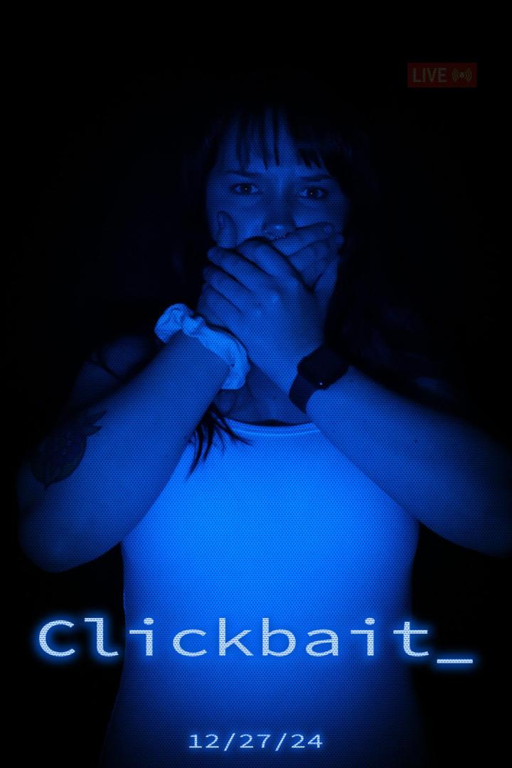 Eine Frau hält sich den Mund zu, im Stil eines Posters für „Clickbait“.
