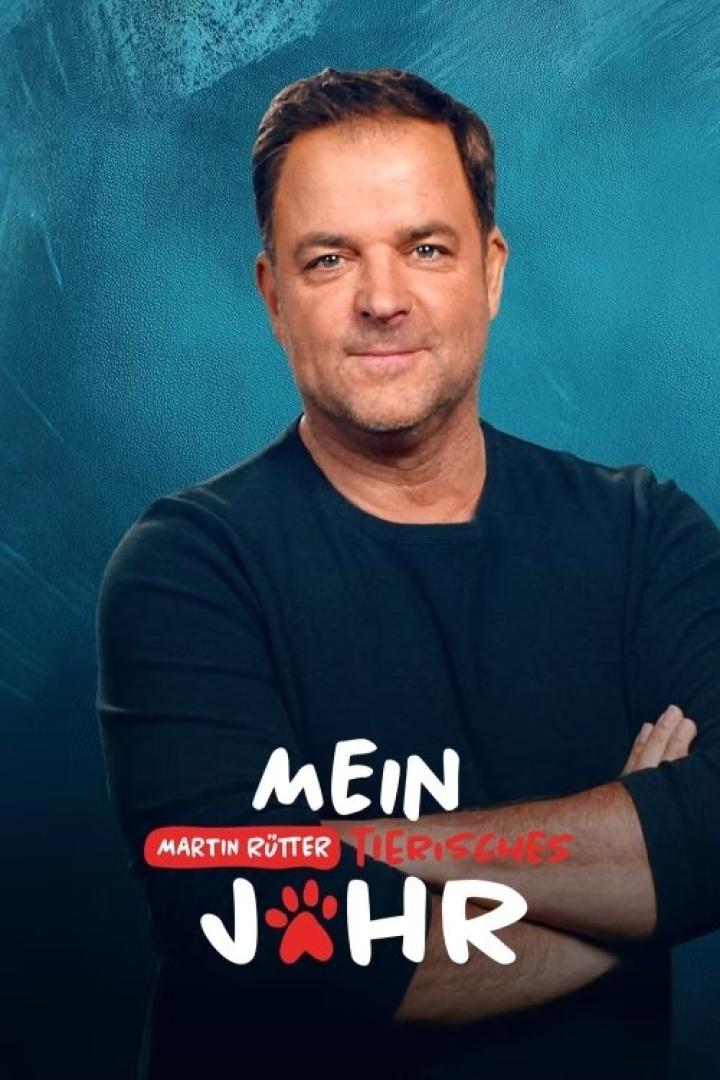 Ein Porträt von Martin Rütter vor dem Cover seiner Sendung „Mein tierisches Jahr“.