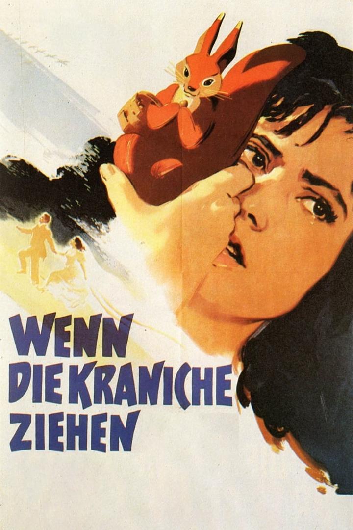 Das Filmplakat für „Wenn die Kraniche ziehen“ zeigt eine Frau mit einem Spielzeug-Hasen.