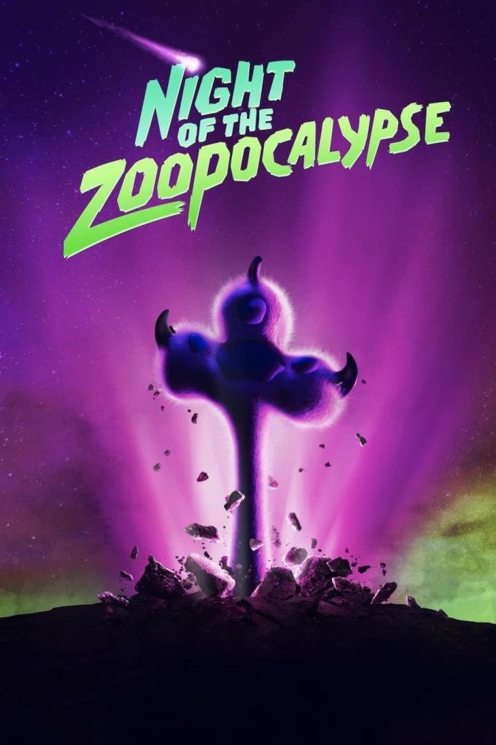 Das Poster für „Night of the Zoopocalypse“ zeigt eine Tierkralle vor einem violetten Nachthimmel.