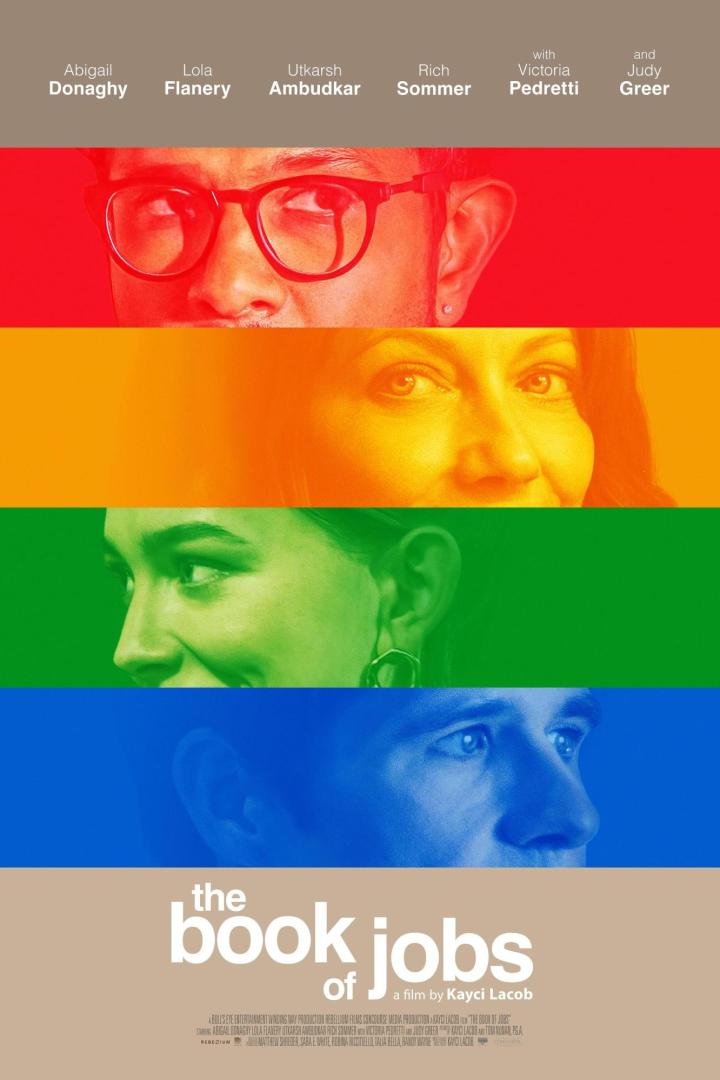 Das Filmplakat für „The Book of Jobs“ zeigt vier farbige Porträts der Schauspieler Abigail Donaghy, Lola Flanery, Utkarsh Ambudkar und Rich Sommer.