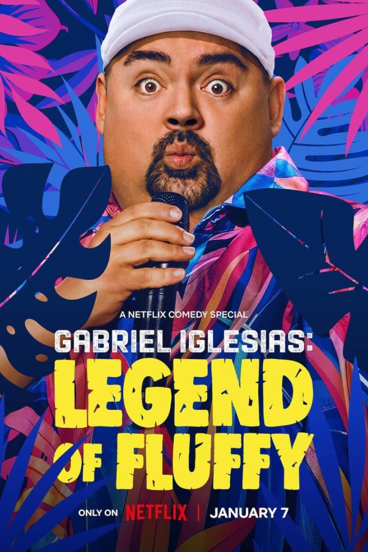 Das Poster für Gabriel Iglesias' Netflix-Comedy-Special „Legend of Fluffy“ zeigt den Comedian mit Mikrofon vor tropischem Hintergrund.