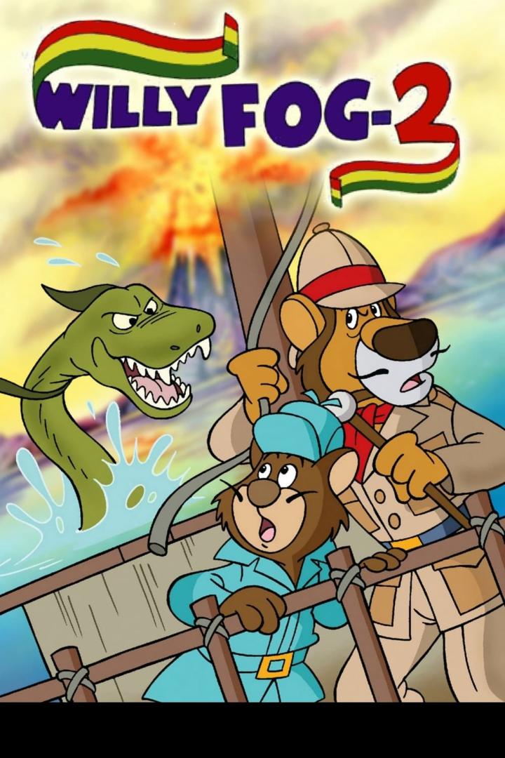 Szene aus „Willy Fog 2“ mit Willy Fog, Rigodon und einem Seeungeheuer.
