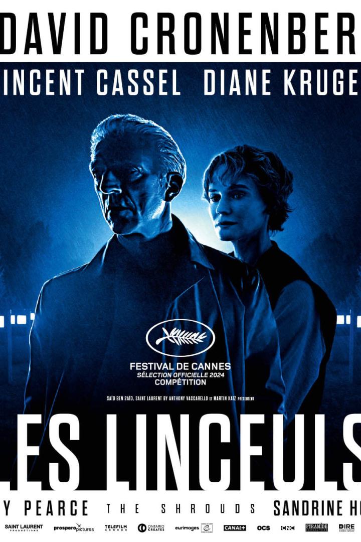 Das Filmplakat für „Les Linceuls“ mit Vincent Cassel und Diane Kruger vor blauem Hintergrund.