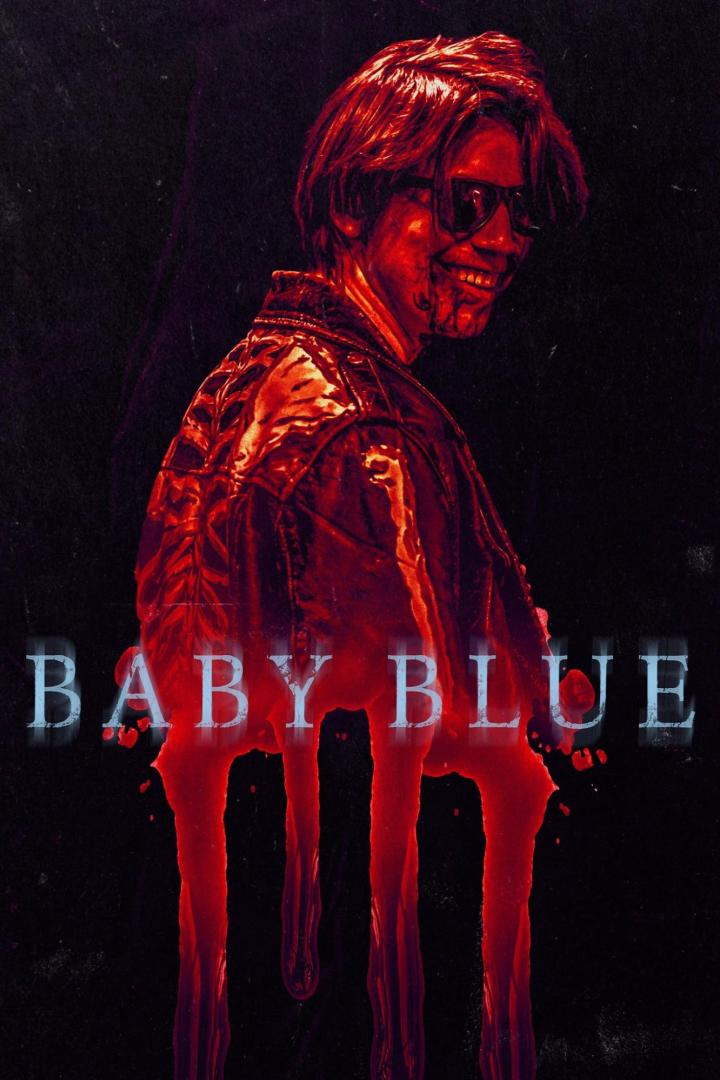 Ein Mann mit Sonnenbrille und blutverschmiertem Gesicht auf dem Filmplakat zu „Baby Blue“.