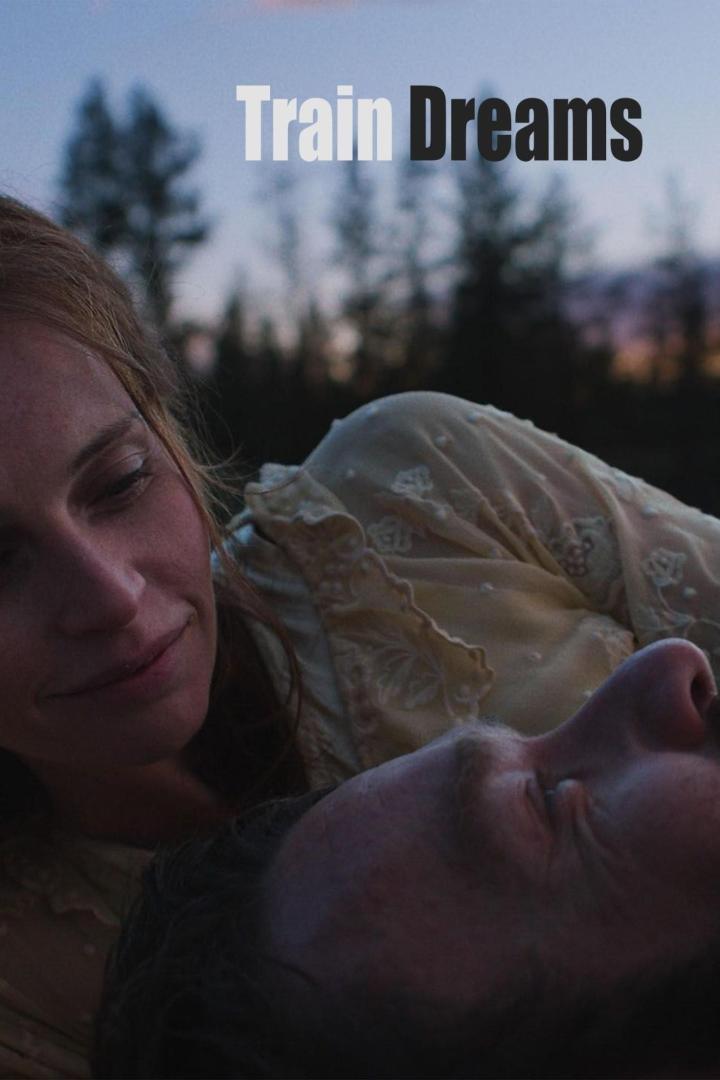 Eine Frau blickt auf einen Mann, der auf einer Decke liegt; Filmposter für „Train Dreams“.
