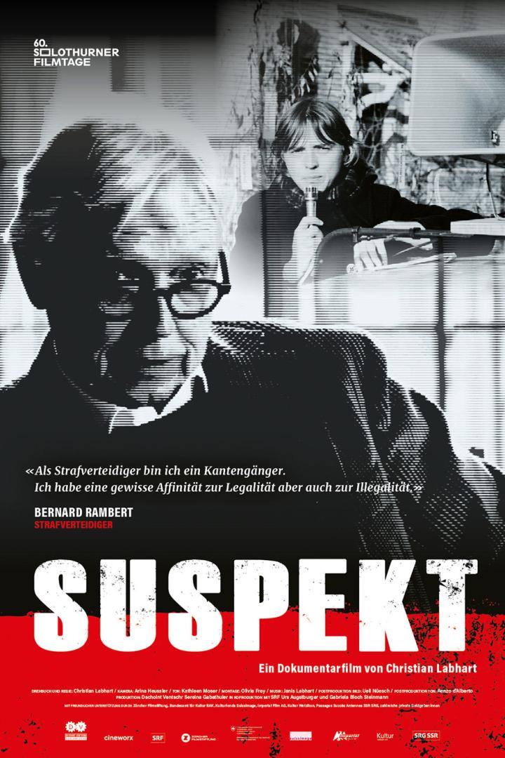 Das Filmplakat für „Suspekt“ zeigt Bernard Rambert, einen Strafverteidiger, im Schwarz-Weiß-Porträt.