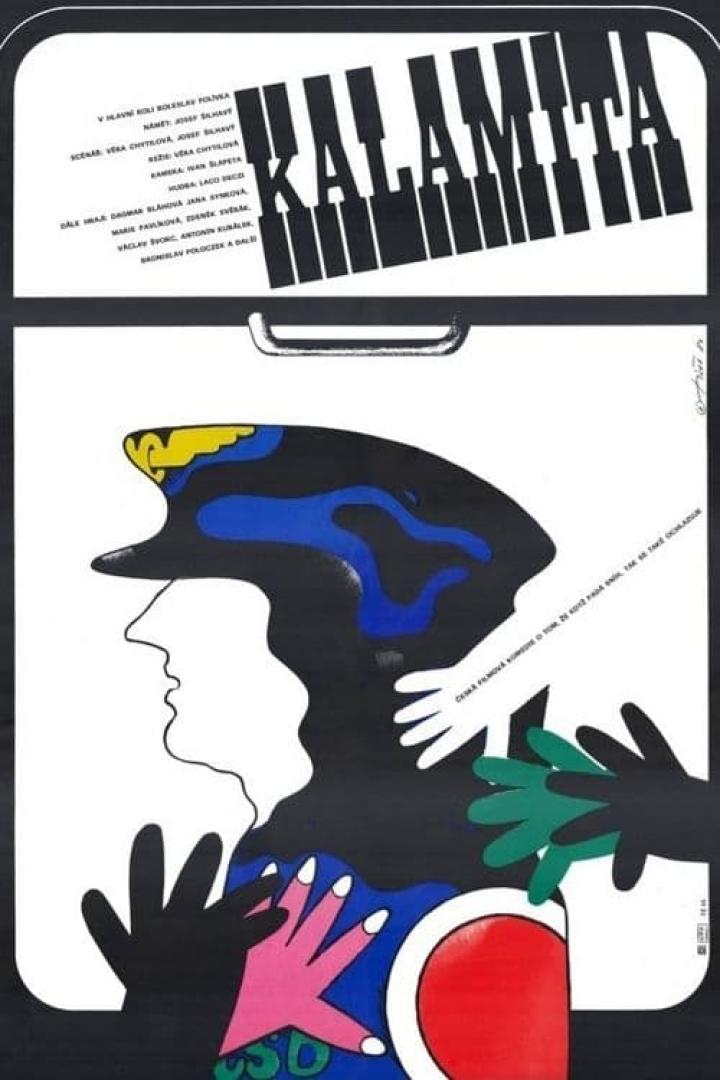 Das stilisierte Filmplakat für „Kalamita“ zeigt einen Mann mit Mütze, umgeben von Händen.