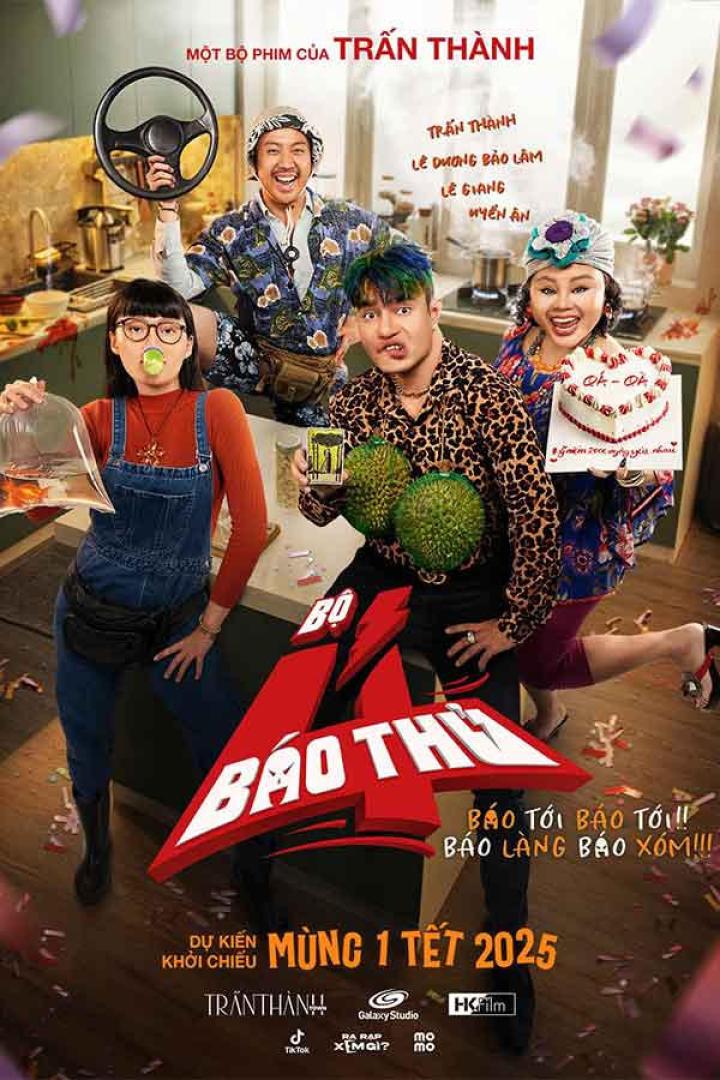 Das Filmplakat für „Bộ Tứ Báo Thu“ zeigt vier exzentrisch gekleidete Schauspieler in einer Küche.