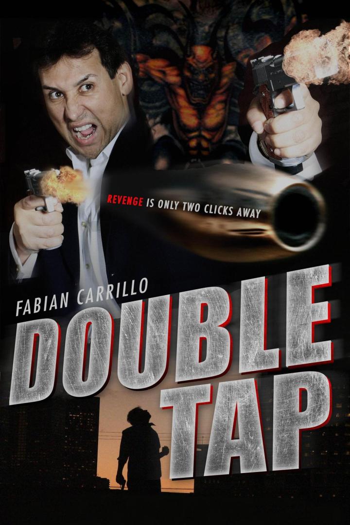 Ein Mann, Fabian Carrillo, feuert mit zwei Pistolen auf dem Filmplakat „Double Tap“.