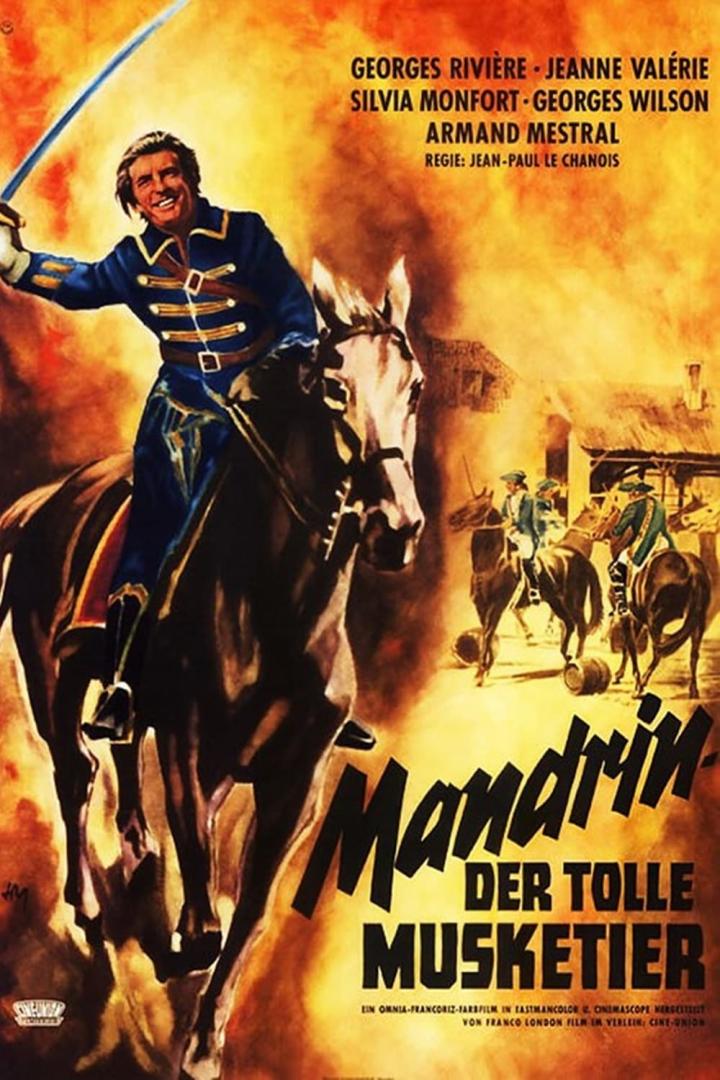 Das Filmplakat für „Mandrin, der tolle Musketier“ zeigt einen Mann zu Pferd mit gezogenem Schwert.