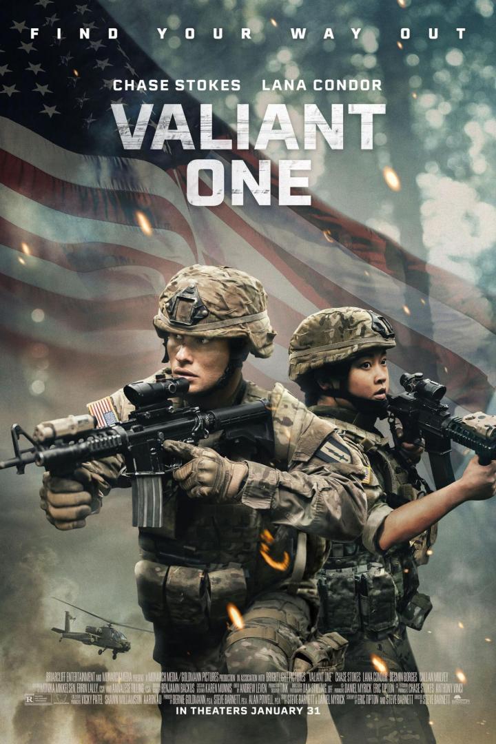 Das Filmplakat für „Valiant One“ zeigt zwei Soldaten vor einer amerikanischen Flagge.