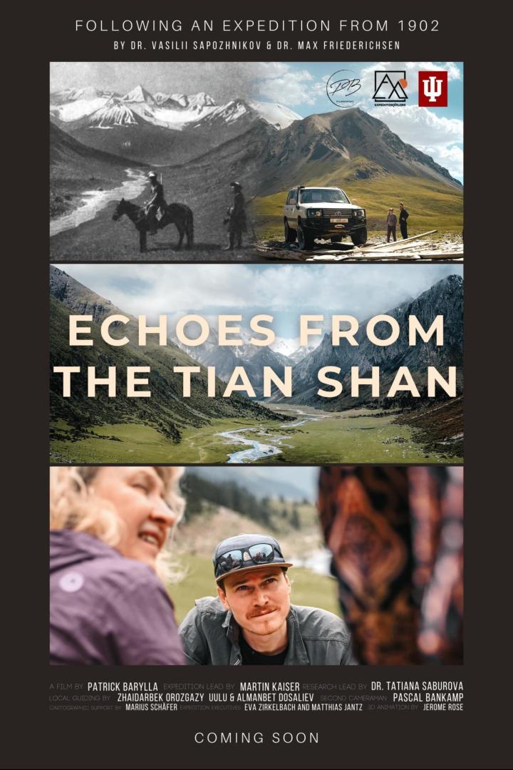 Das Filmplakat für „Echoes from the Tian Shan“ zeigt eine Expedition in das Tian-Shan-Gebirge.