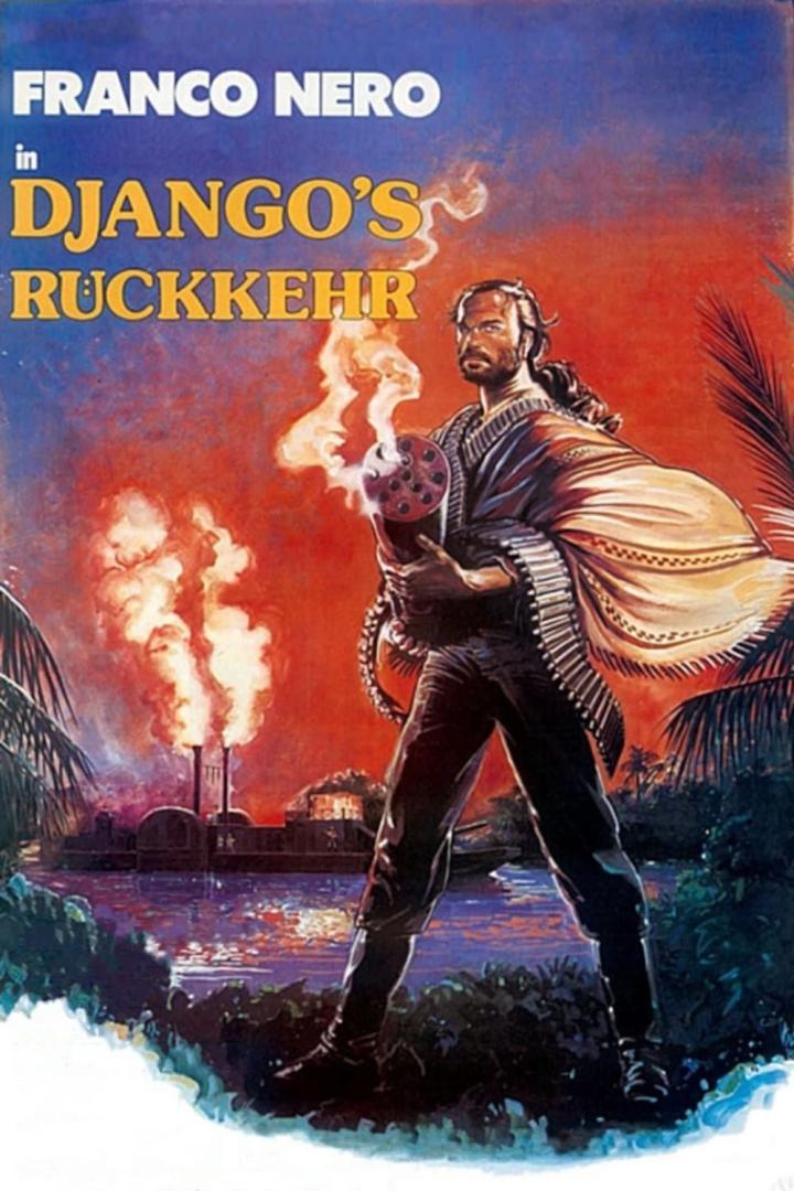 Franco Nero als Django mit einer Gatling Gun auf dem Filmplakat zu „Django’s Rückkehr“.