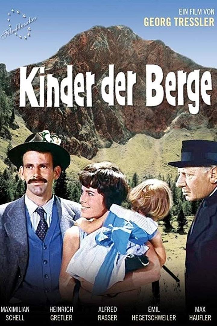 Das Filmplakat für „Kinder der Berge“ mit Maximilian Schell, Heinrich Gretler und Alfred Rasser vor einer Bergkulisse.