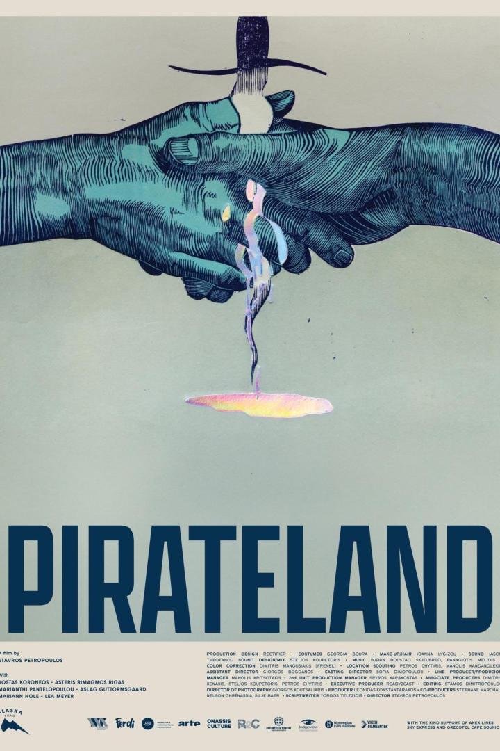 Das stilisierte Filmplakat für „Pirateland“ zeigt eine Hand, die ein Messer hält, unter dem eine Figur steht.