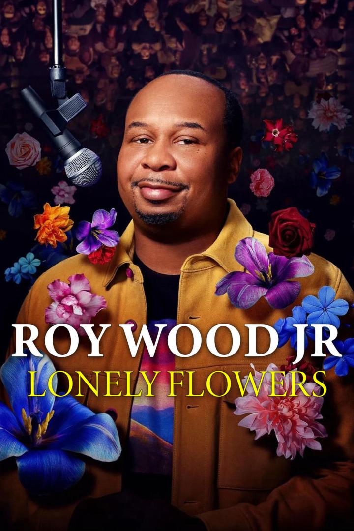 Das Cover von Roy Wood Jr.s Comedy-Special „Lonely Flowers“ zeigt den Comedian vor Blumen und Publikum.