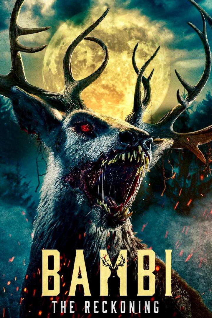 Das Filmplakat für „Bambi: The Reckoning“ zeigt ein entstelltes, zombiehaftes Reh vor einem Vollmond.