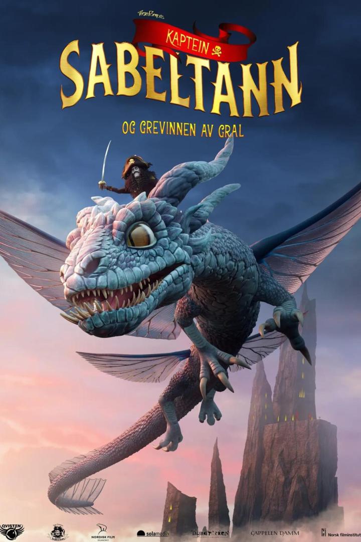 Ein animierter Drache mit einem Piraten auf dem Rücken, Titelbild für „Kaptein Sabeltann og Grevinnen av Gral“.