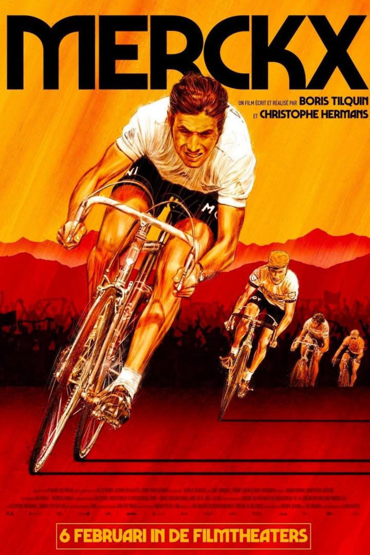 Das Filmplakat für „Merckx“ zeigt einen Radrennfahrer in Aktion.