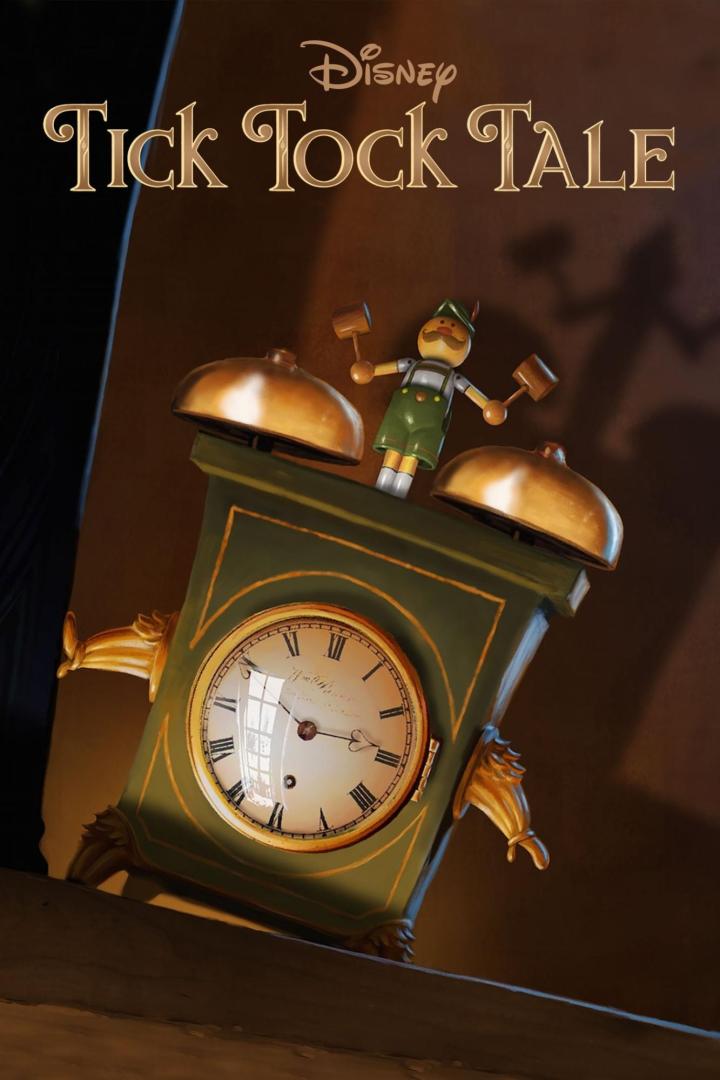Das Poster für Disneys „Tick Tock Tale“ zeigt eine Uhr mit einer Holzfigur.